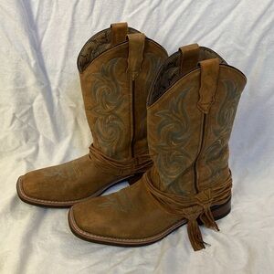 Laredo Tan And Turquoise Stitching Square Toe Western Cowboy Boots